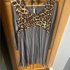 Leopard Yoke Gray Long Sleeve Dress